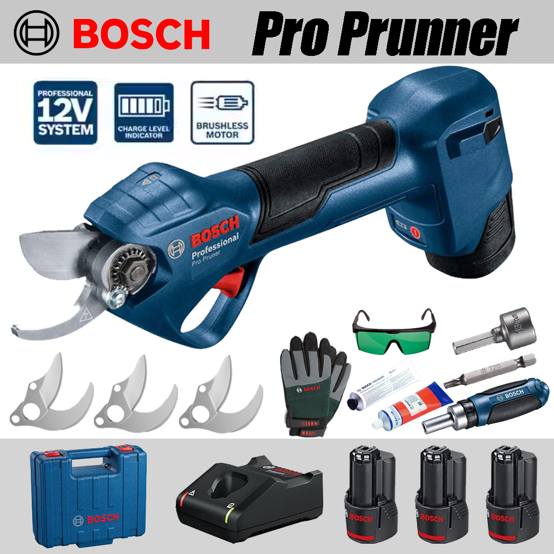 【BOSCH】Tesoura de poda *1, Bateria de lítio *3, Lâmina de corte *3, Estojo de armazenamento *1, Carregador *1